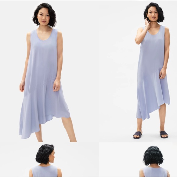 Elegant Eileen Fisher Silk Georgette Crepe Asymmetrical Dress in Larkspur - Picture 1 of 6